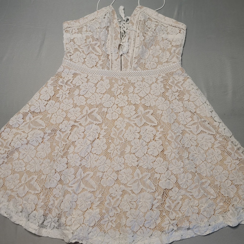 Soprano Lace Mini Dress Womens Large White Nude Floral Lace-Up Boho Bridal Party